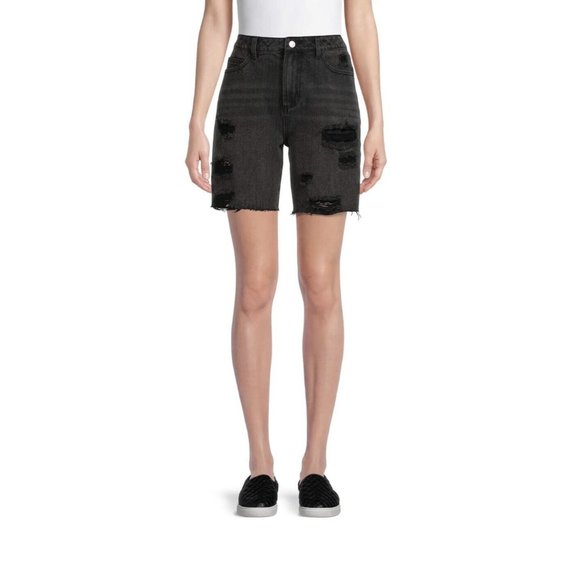 No Boundaries Womens High Rise Boyfriend Shorts Size 5 Black Distressed Denim - Picture 5 of 9